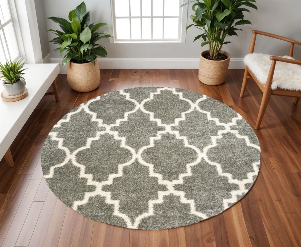 8' Grey Round Geometric Power Loom Stain Resistant Area Rug