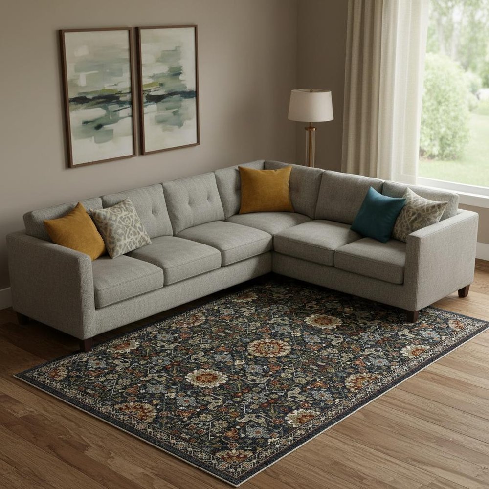 10' X 13' Blue Red Ivory And Gold Oriental Power Loom Stain Resistant Area Rug With Fringe