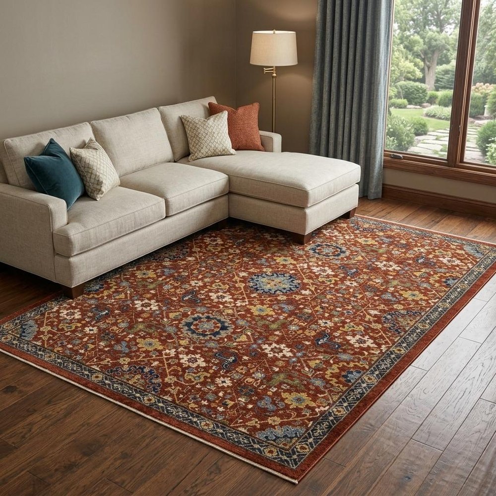 8' X 11' Red Yellow And Black Oriental Area Rug With Fringe