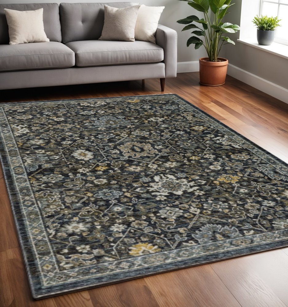 5' X 8' Blue Red Beige Yellow Grey Rust And Gold Oriental Power Loom Stain Resistant Area Rug With Fringe