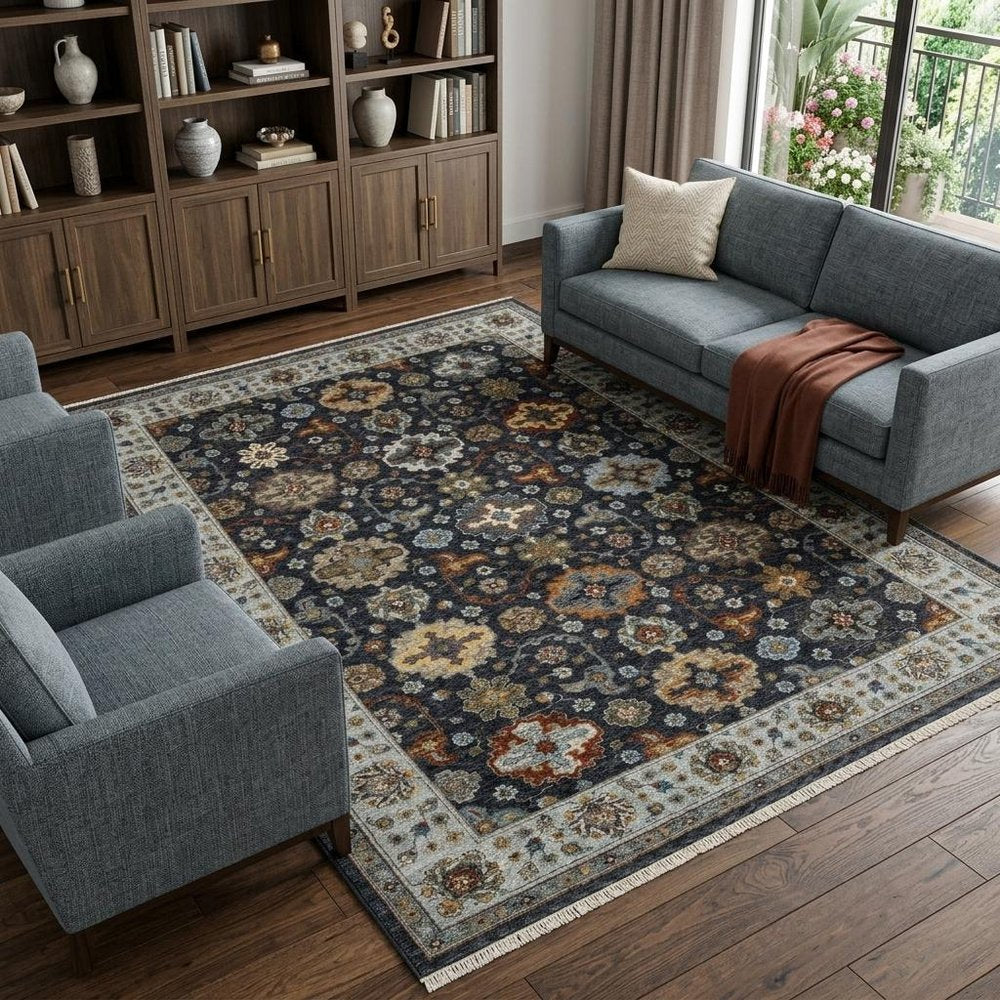 7' X 10' Blue And Beige Oriental Area Rug With Fringe