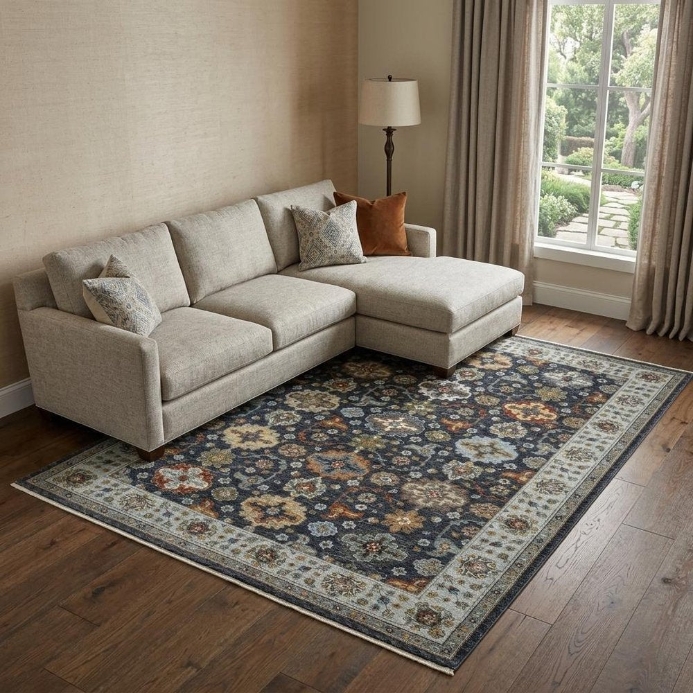8' X 11' Blue And Beige Oriental Area Rug With Fringe