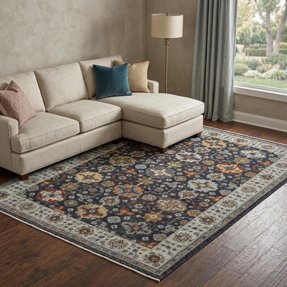 8' X 11' Blue And Beige Oriental Area Rug With Fringe