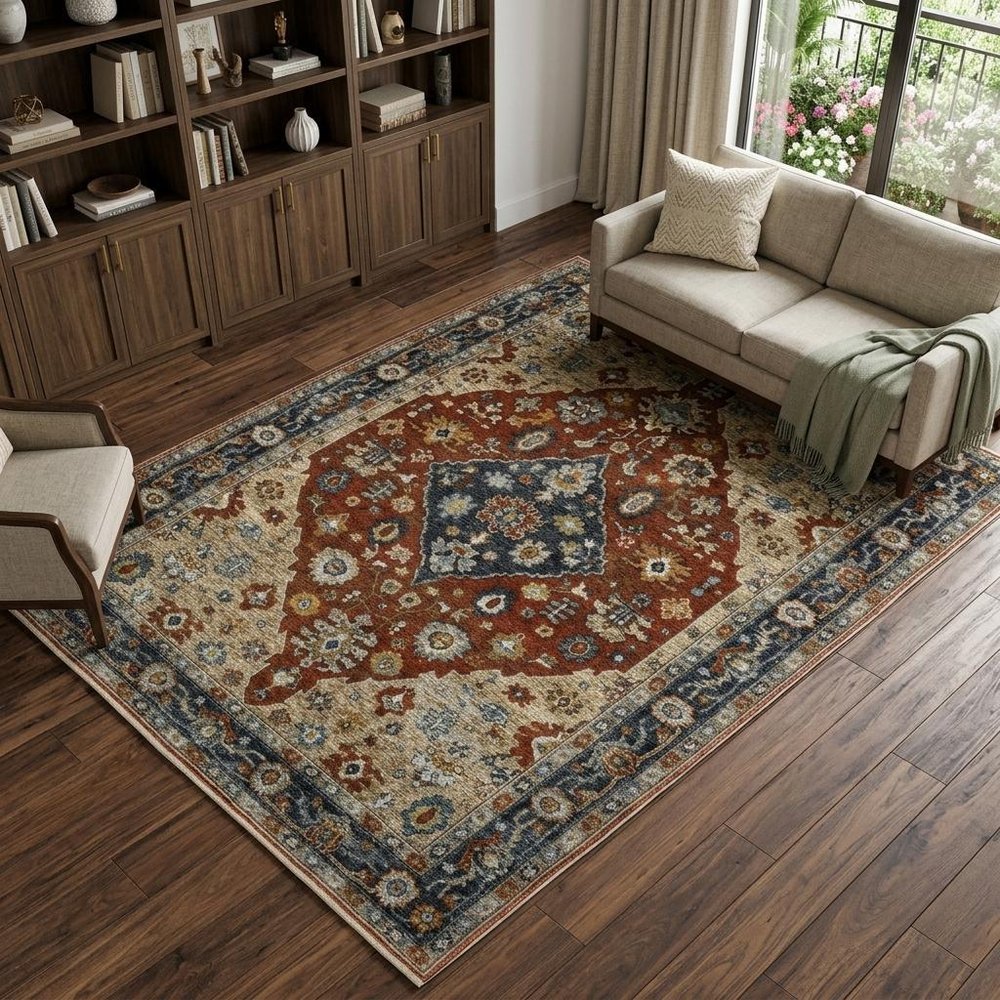 7' X 10' Red And Blue Oriental Area Rug With Fringe