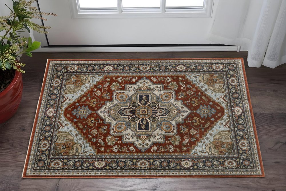 3' X 5' Blue Beige Grey Gold Green And Rust Red Oriental Power Loom Stain Resistant Area Rug With Fringe