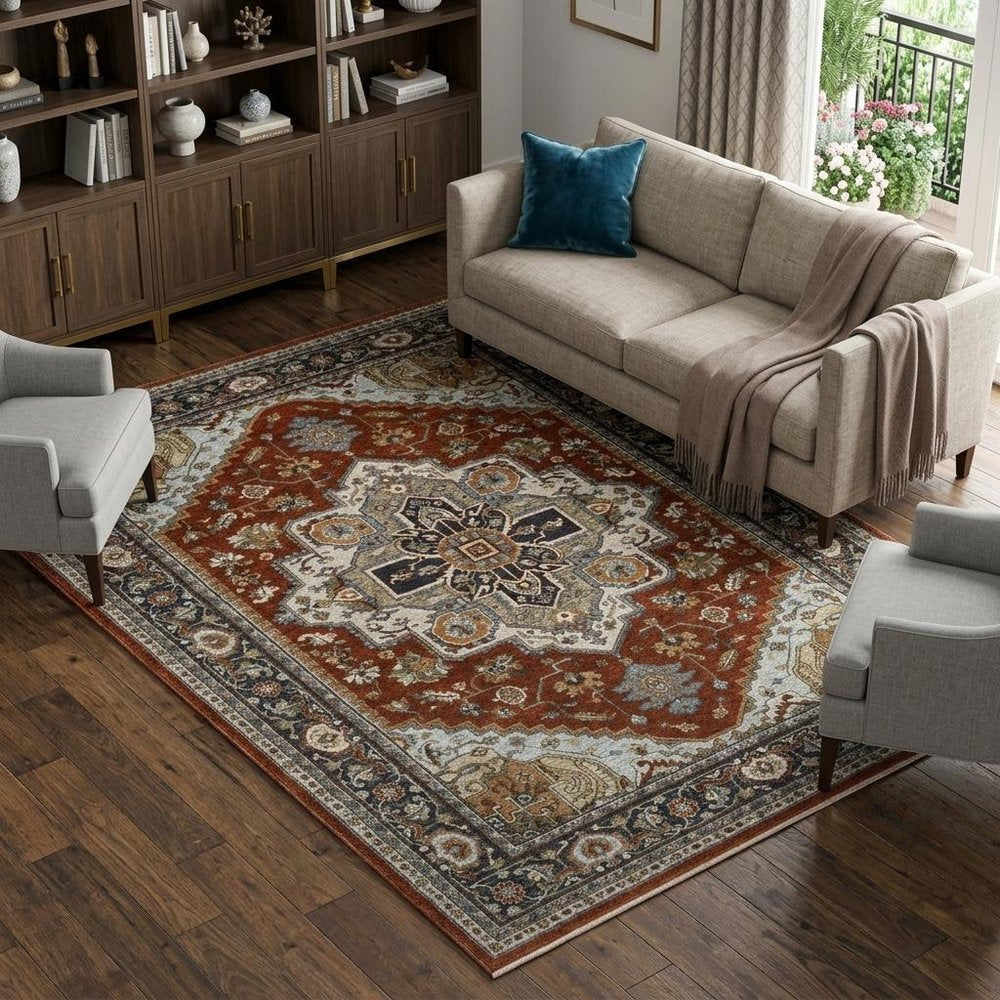 8' X 11' Red And Blue Oriental Area Rug With Fringe