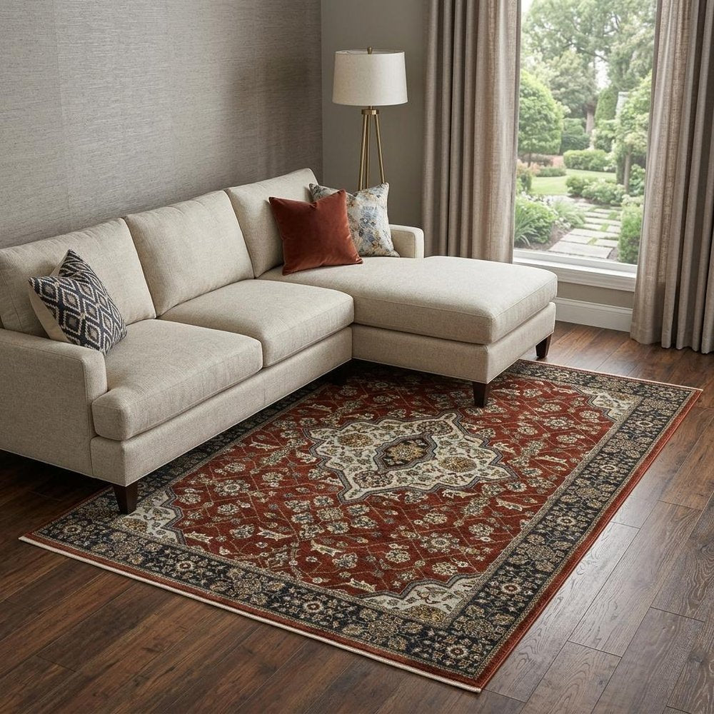 8' X 11' Red And Blue Oriental Area Rug With Fringe
