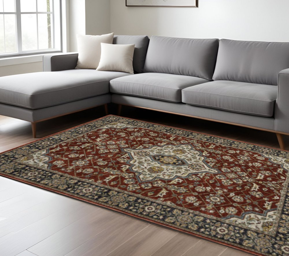 10' X 13' Red Ivory Blue Navy Gold And Grey Oriental Power Loom Stain Resistant Area Rug With Fringe