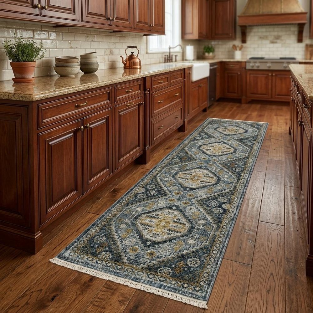 2' X 8' Blue Gold Ivory And Navy Oriental Power Loom Stain Resistant Runner Rug With Fringe