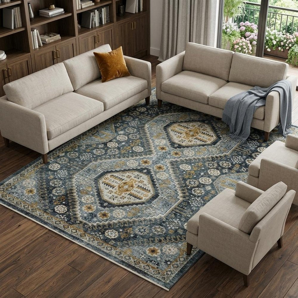 7' X 10' Blue And Gold Oriental Area Rug With Fringe