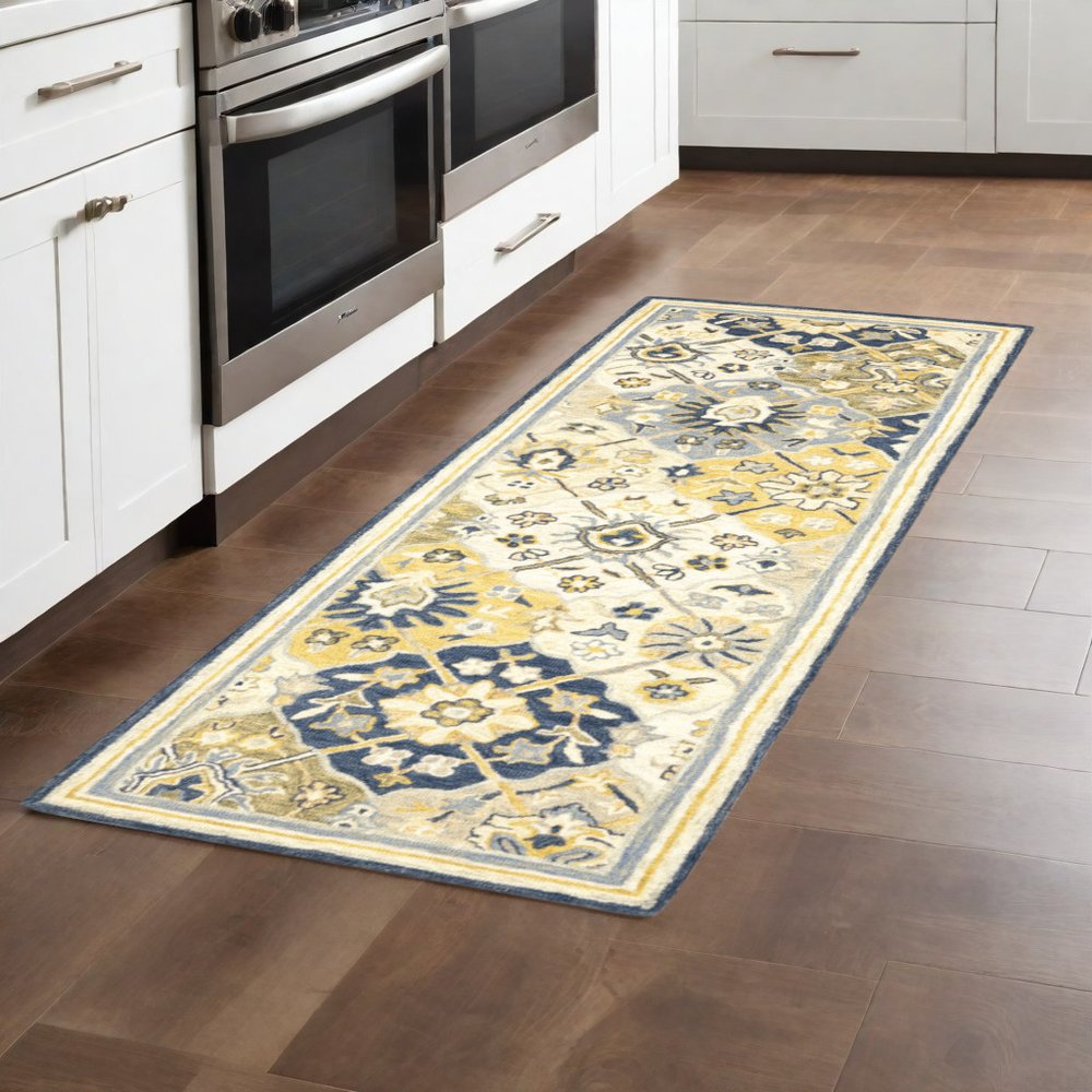 8' Blue And Gold Wool Geometric Hand Tufted Distressed Runner Rug