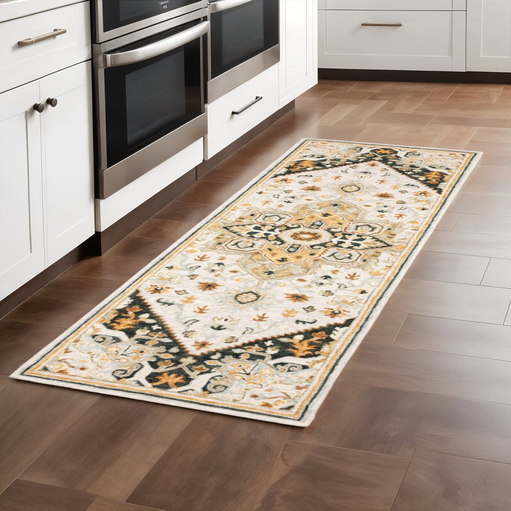 8' Ivory and Black Oriental Handmade Runner Rug