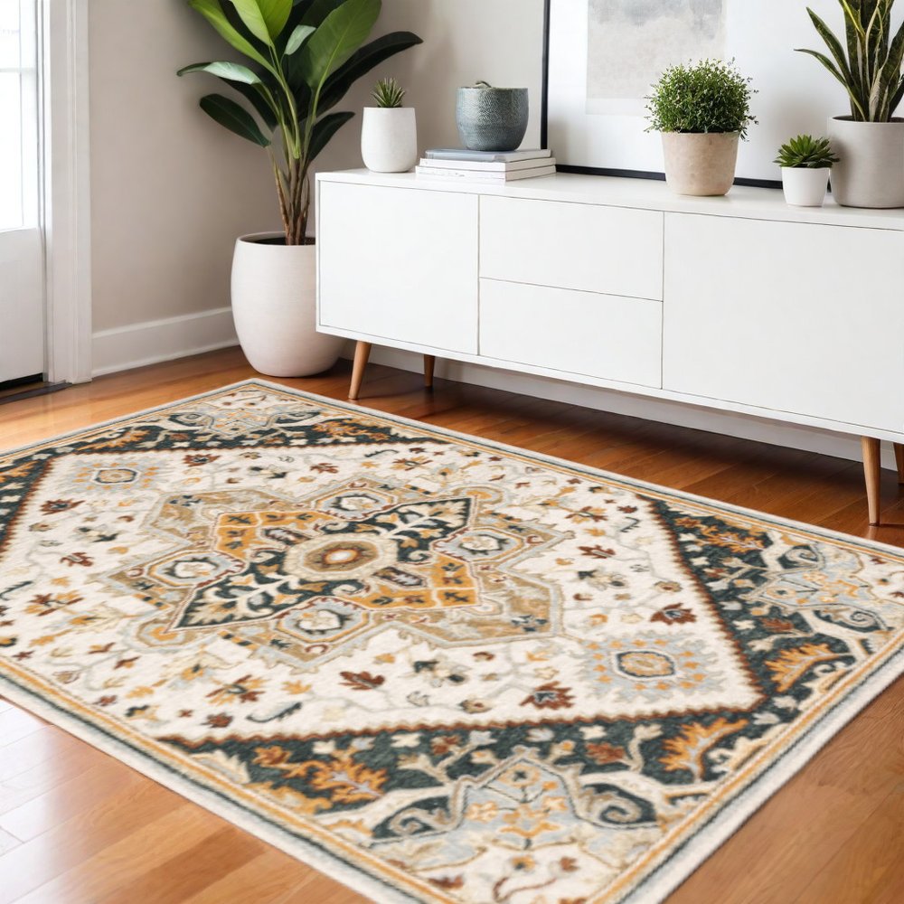 4' X 6' Ivory Charcoal Gold Clay And Muted Blue Oriental Tufted Handmade Stain Resistant Area Rug