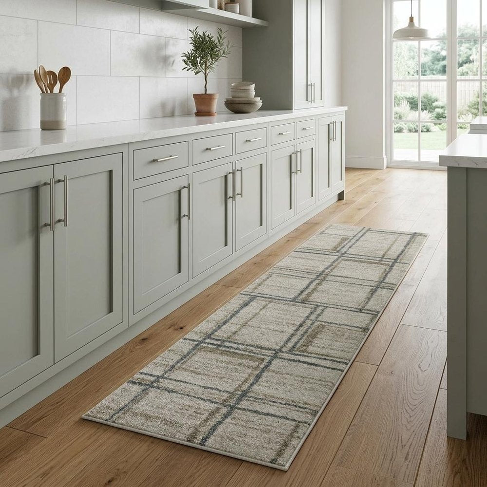 8' Beige And Blue Geometric Distressed Runner Rug