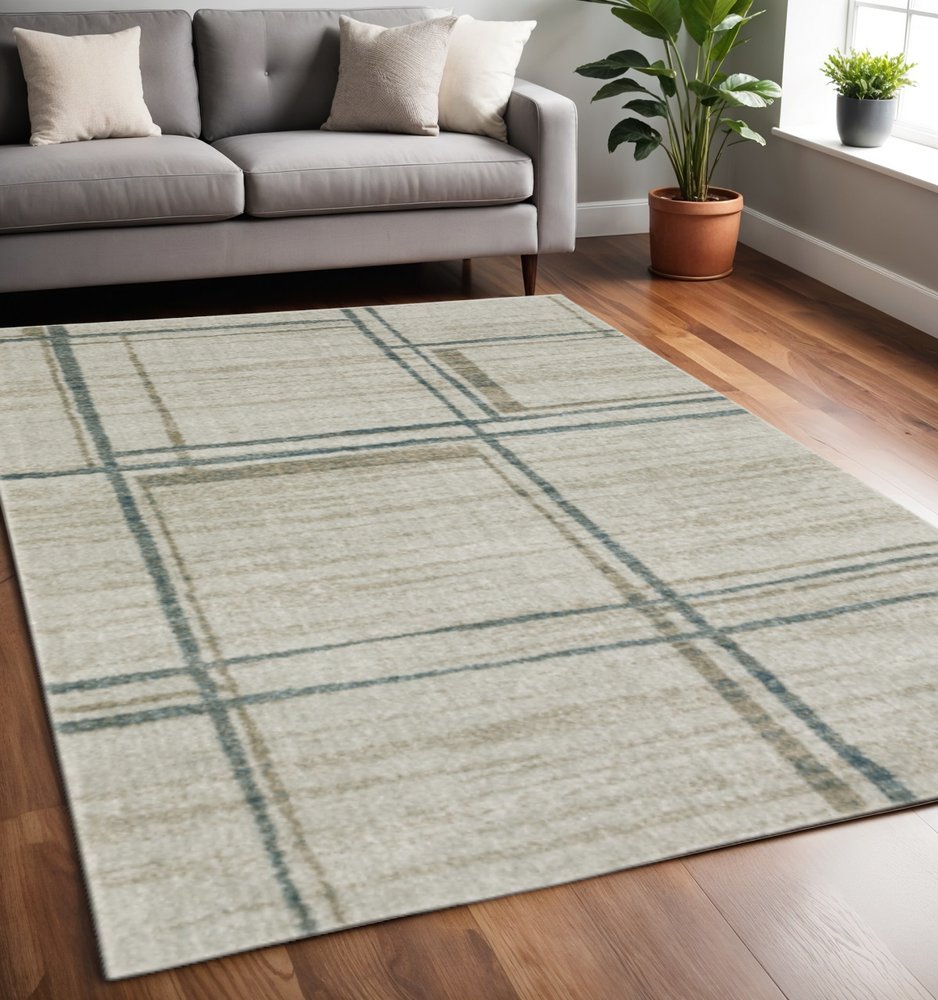 5' X 8' Grey Teal Beige and Tan Geometric Power Loom Area Rug