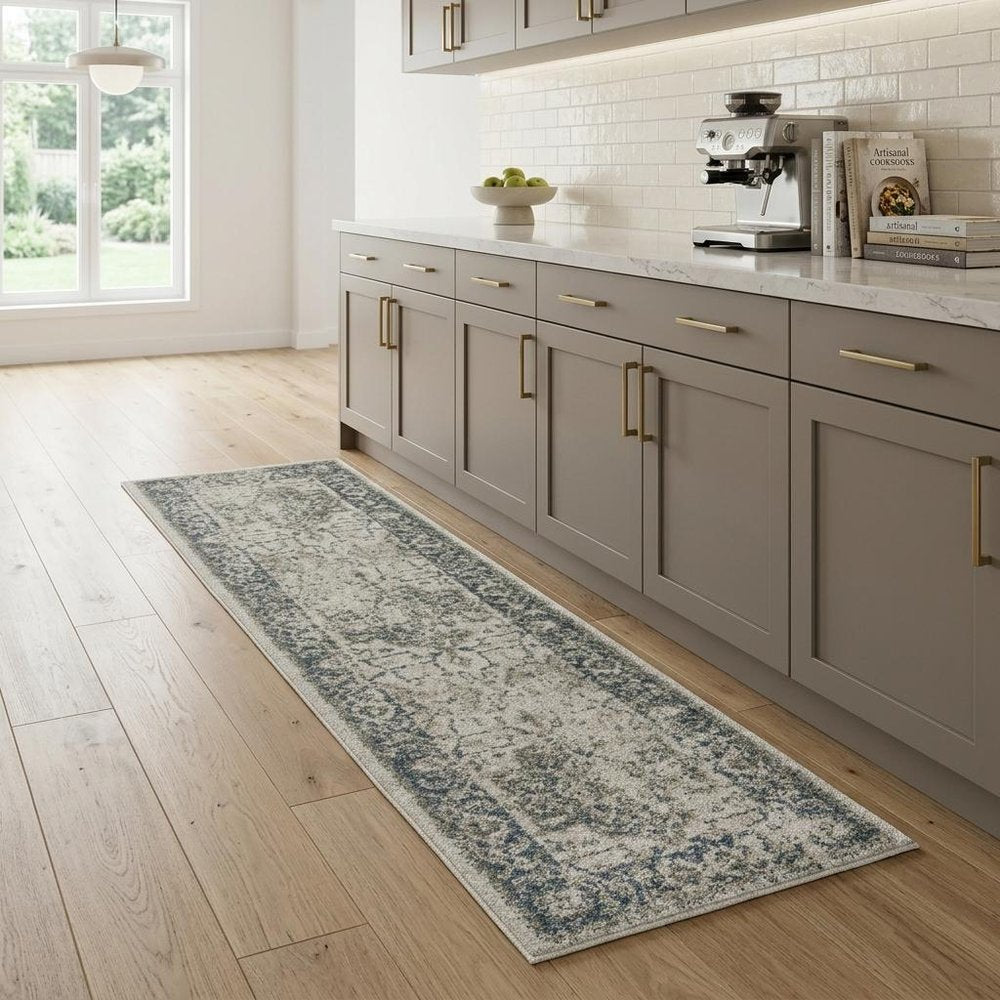 8' Beige And Blue Oriental Distressed Runner Rug