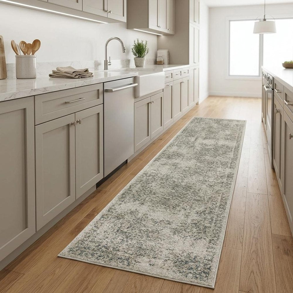 8' Beige And Gray Oriental Distressed Runner Rug