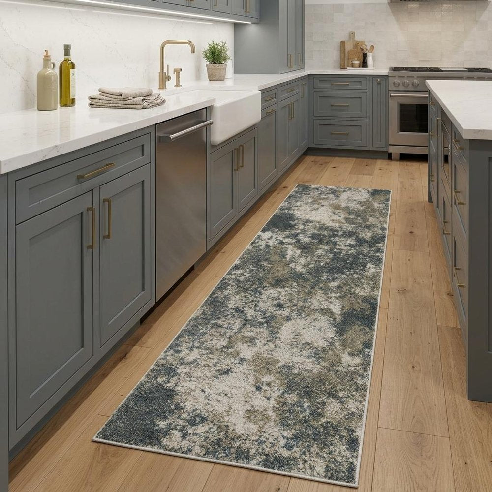 8' Blue And Beige Abstract Distressed Runner Rug