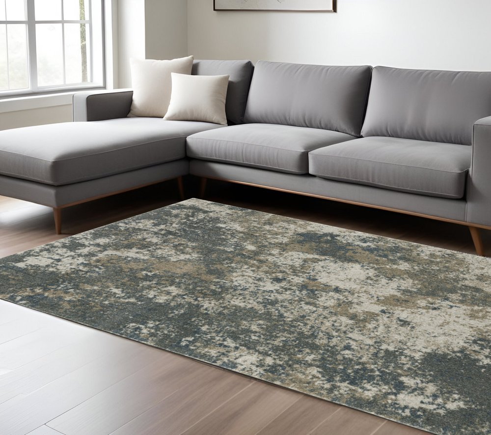 10' X 13' Blue And Beige Abstract Distressed Area Rug