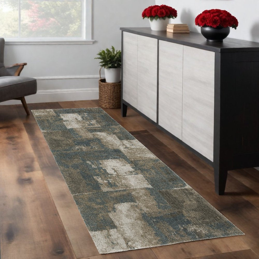 8' Teal Blue And Brown Geometric Distressed Runner Rug
