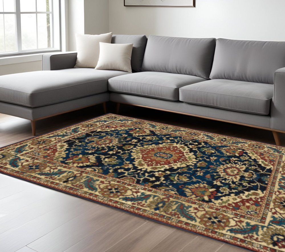10' X 13' Blue Red And Beige Oriental Power Loom Stain Resistant Area Rug