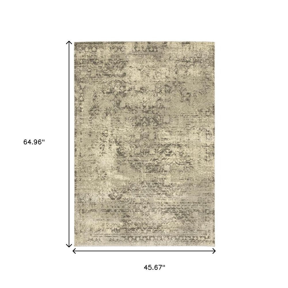 3' X 5' Grey Ivory Beige And Taupe Oriental Power Loom Stain Resistant Area Rug