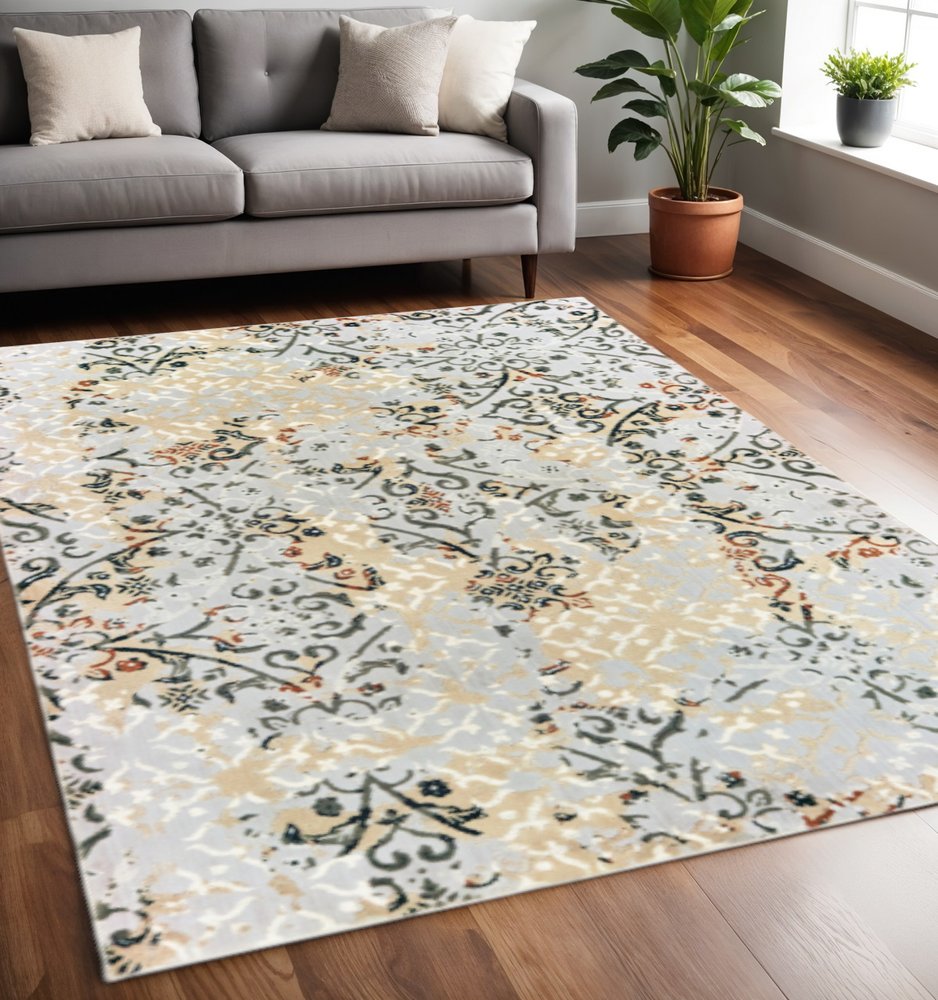 5' X 8' Grey And Gold Abstract Power Loom Stain Resistant Area Rug