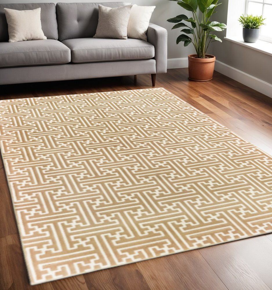 5' X 8' Gold And Ivory Geometric Power Loom Stain Resistant Area Rug