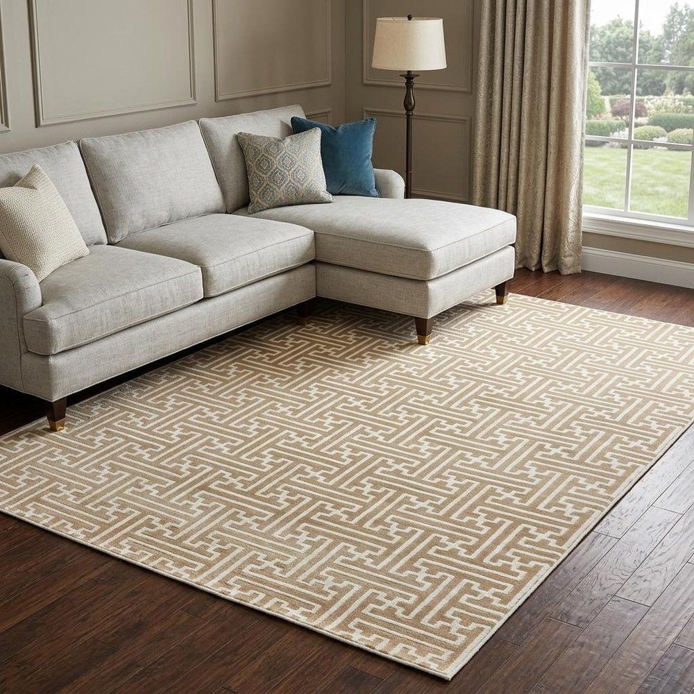 7' X 10' Gold And Ivory Geometric Area Rug