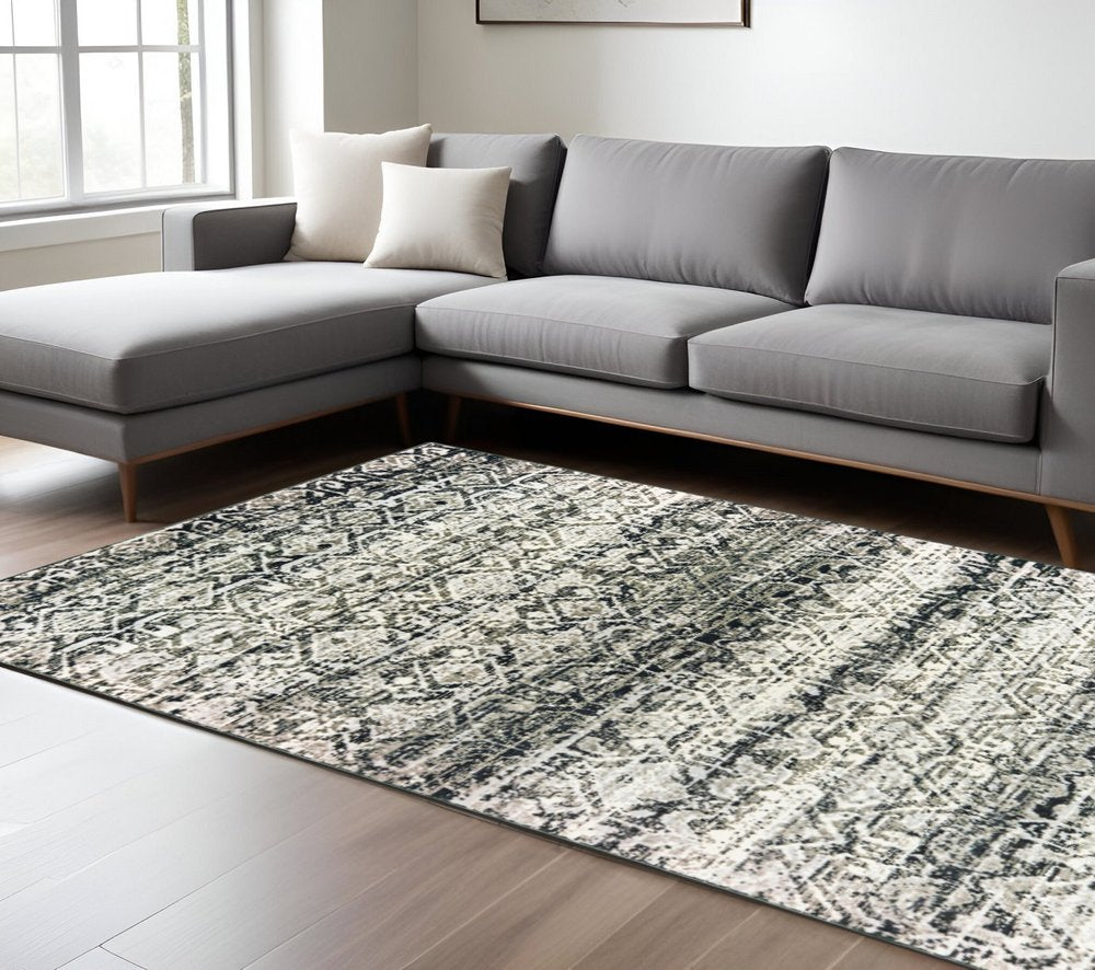 7' X 10' Gray And Ivory Geometric Distressed Area Rug