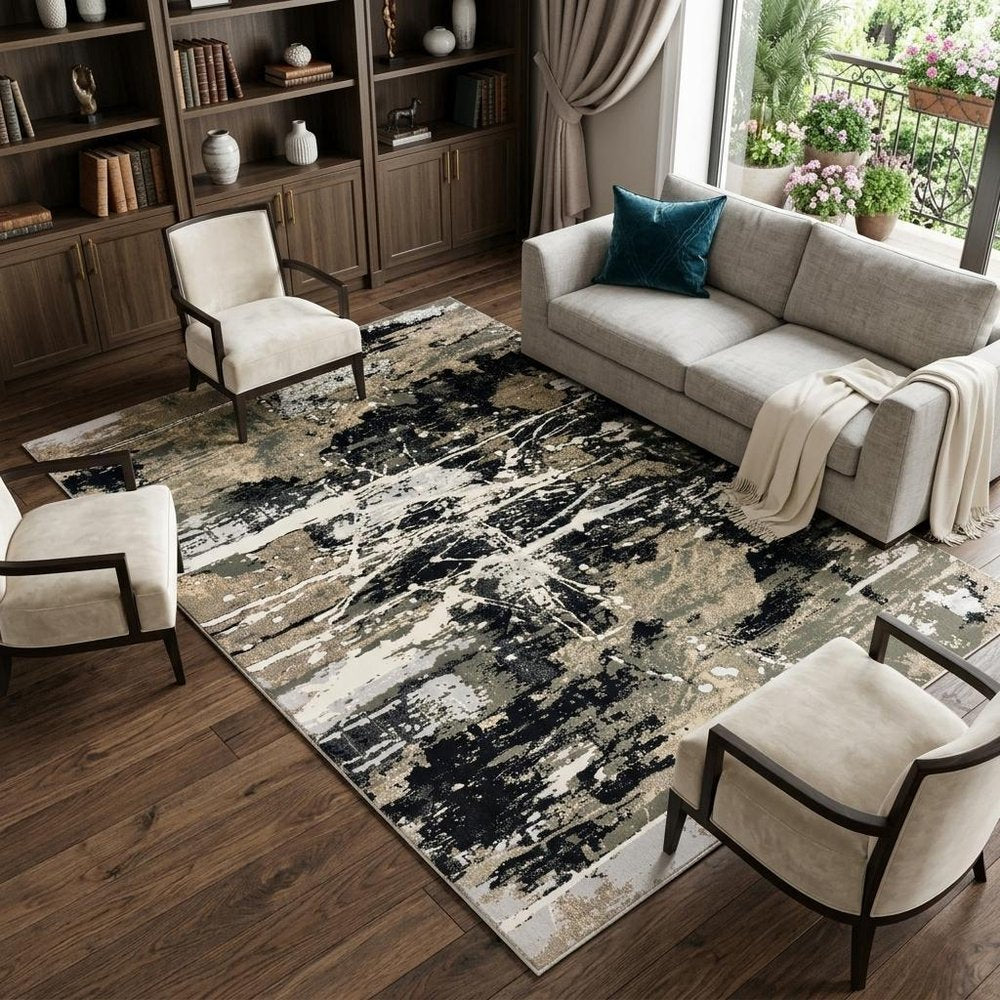 7' X 10' Black And Gold Abstract Area Rug