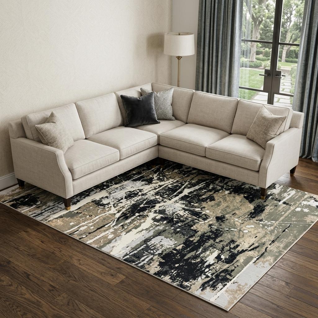 7' X 10' Black And Gold Abstract Area Rug
