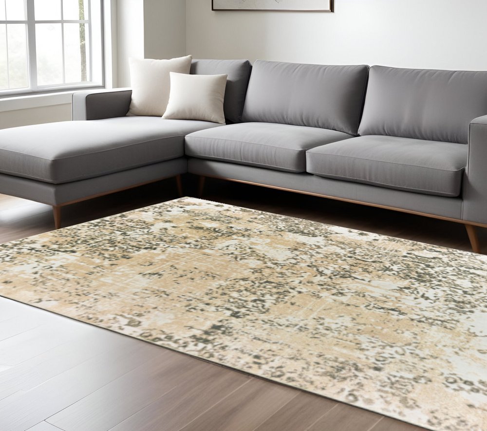 8' X 11' Grey And Gold Abstract Power Loom Stain Resistant Area Rug