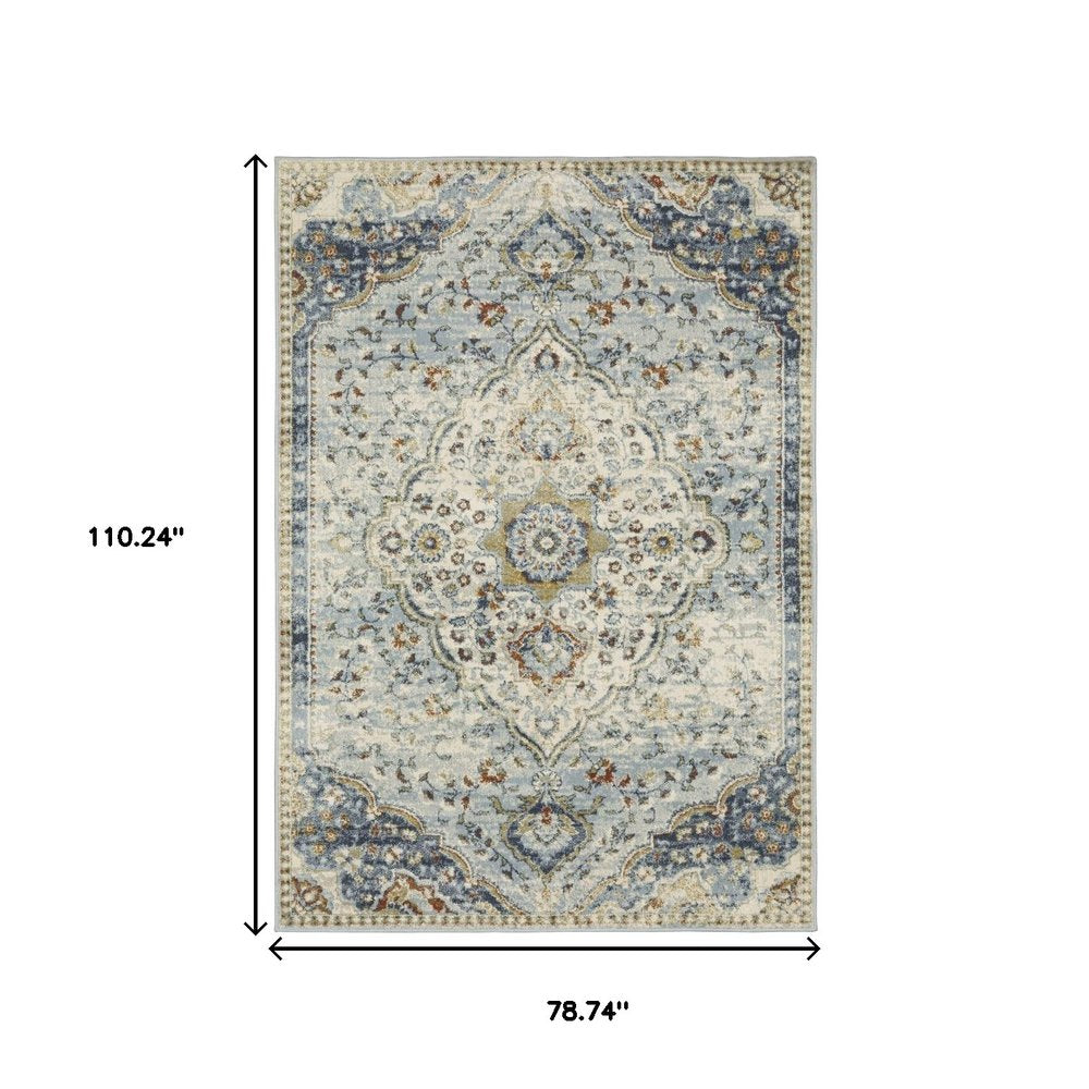7' X 9' Blue And Beige Oriental Distressed Area Rug