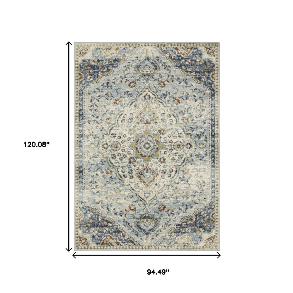 8' X 10' Blue And Beige Oriental Distressed Area Rug