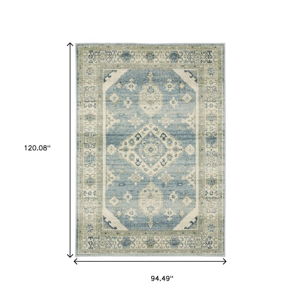 8' X 10' Blue Grey Beige And Teal Oriental Power Loom Stain Resistant Area Rug