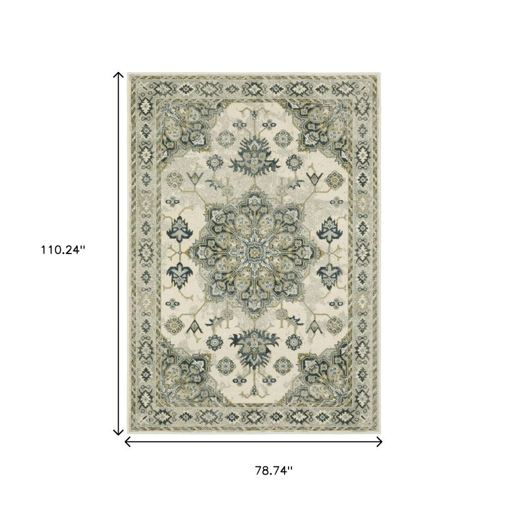 7' X 9' Ivory And Blue Oriental Distressed Area Rug