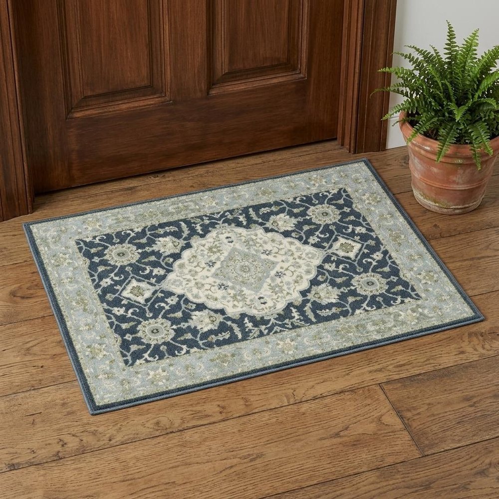 3' X 5' Teal Blue Ivory Green And Grey Oriental Power Loom Stain Resistant Area Rug
