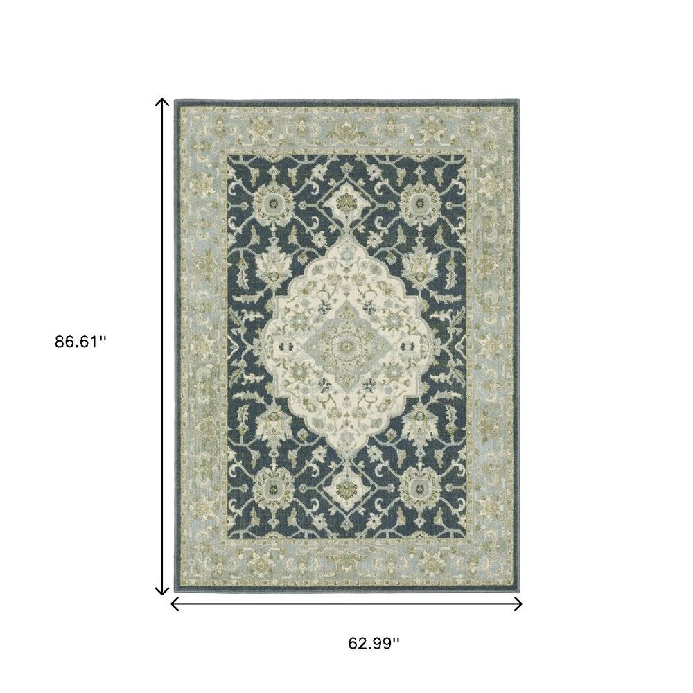 5' X 7' Teal Blue Ivory Green And Grey Oriental Power Loom Stain Resistant Area Rug
