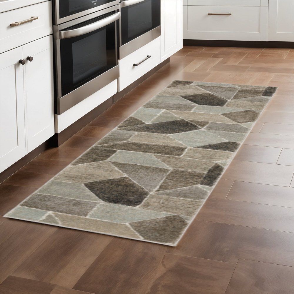 2' x 8' grey, brown, beige, tan, taupe and ivory geometric power loom stain resistant runner rug