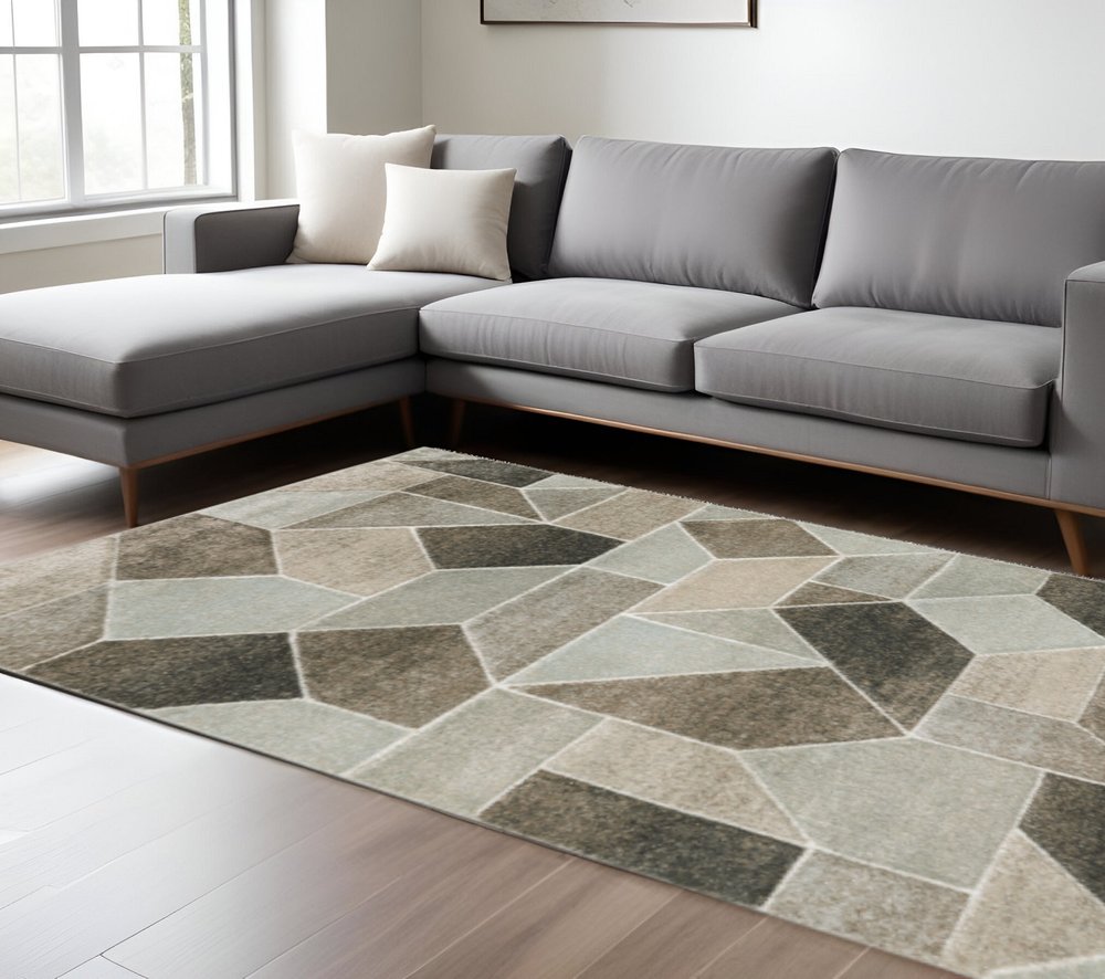 10' X 13' Grey Brown Beige Tan Taupe And Ivory Geometric Power Loom Stain Resistant Area Rug
