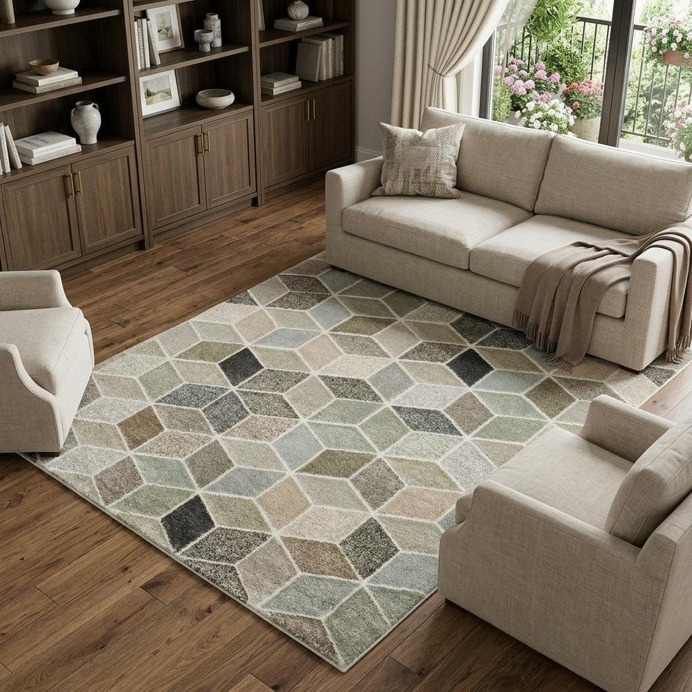 8' X 11' Ivory Gray And Charcoal Geometric Area Rug
