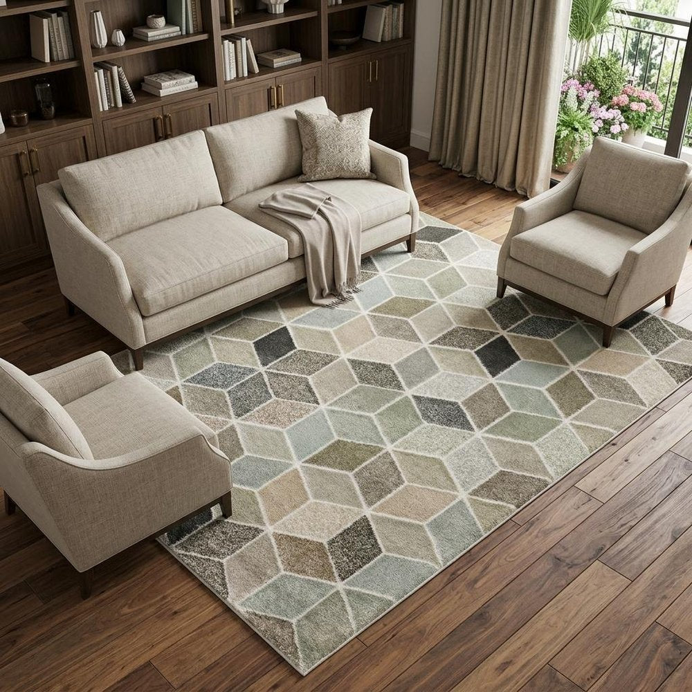 8' X 11' Ivory Gray And Charcoal Geometric Area Rug