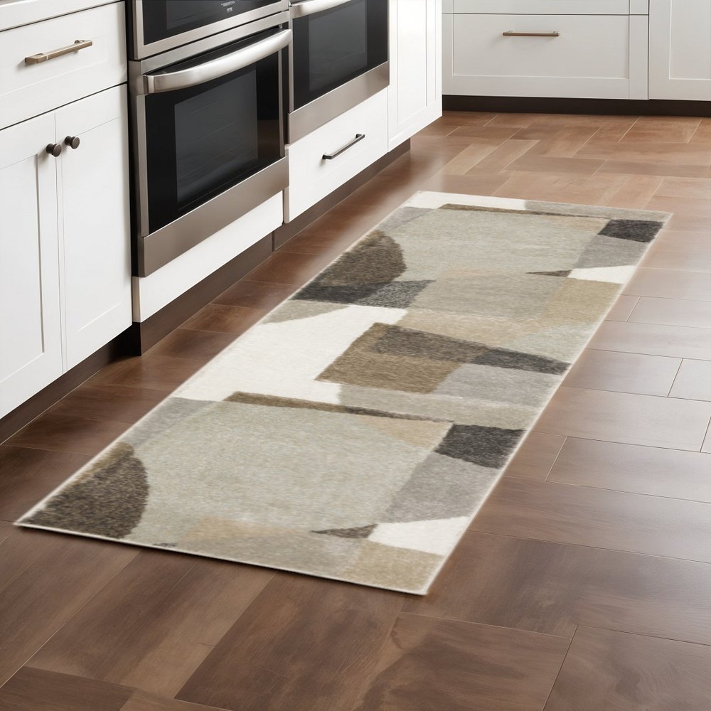 2' X 8' Brown And Ivory Geometric Power Loom Runner Rug