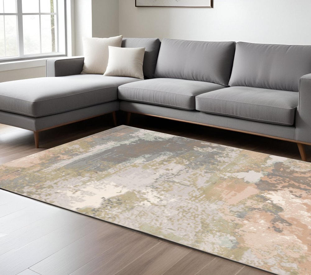 7' X 10' Gray Pink And Cream Abstract Area Rug