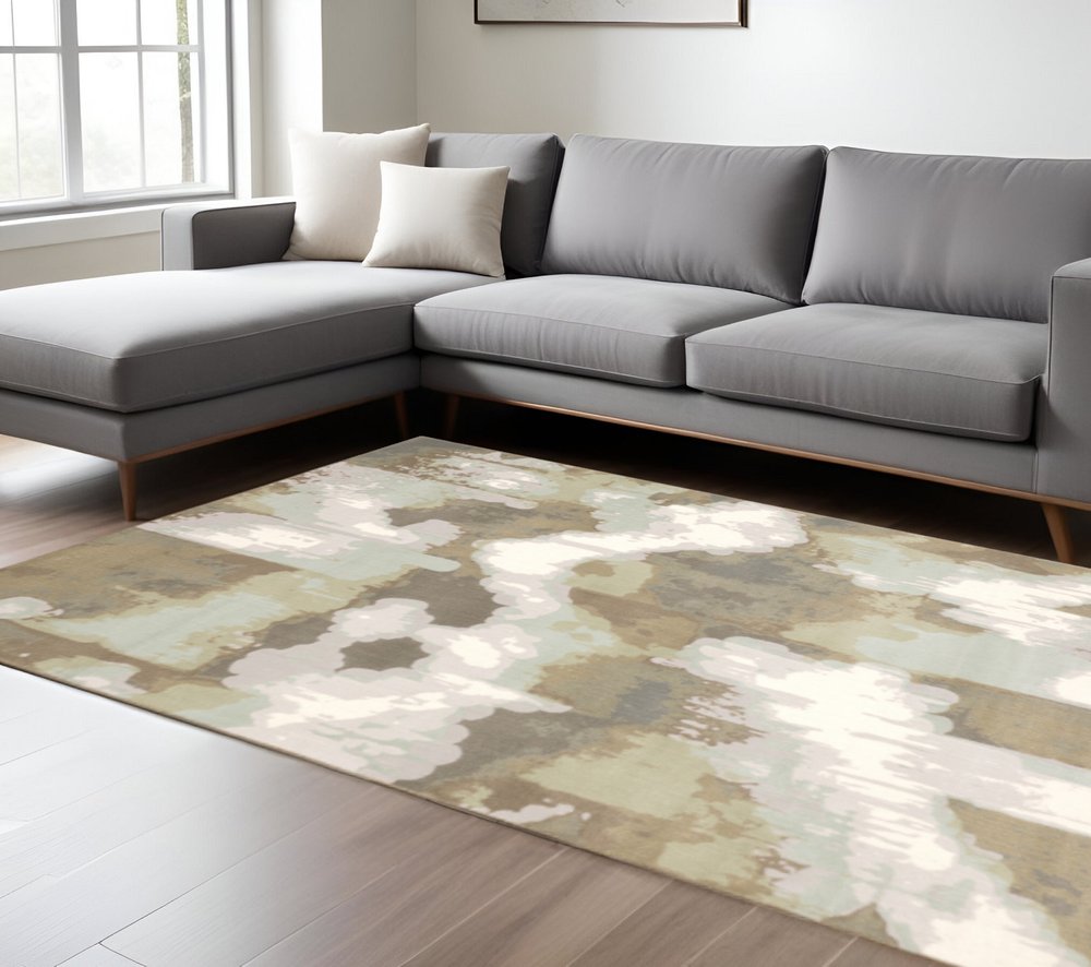 10' x 13' Sage grey and brown abstract power loom stain-resistant area rug