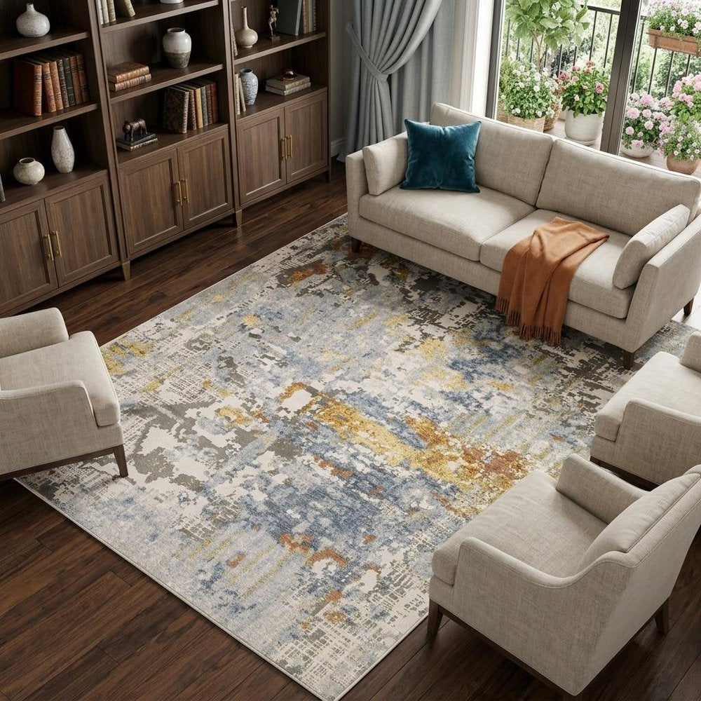 7' X 10' Beige And Blue Abstract Area Rug
