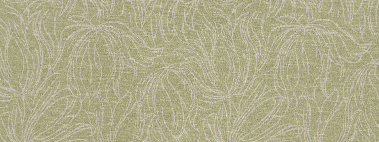 Olive-green linen fabric with white abstract botanical line art and leaf motifs.