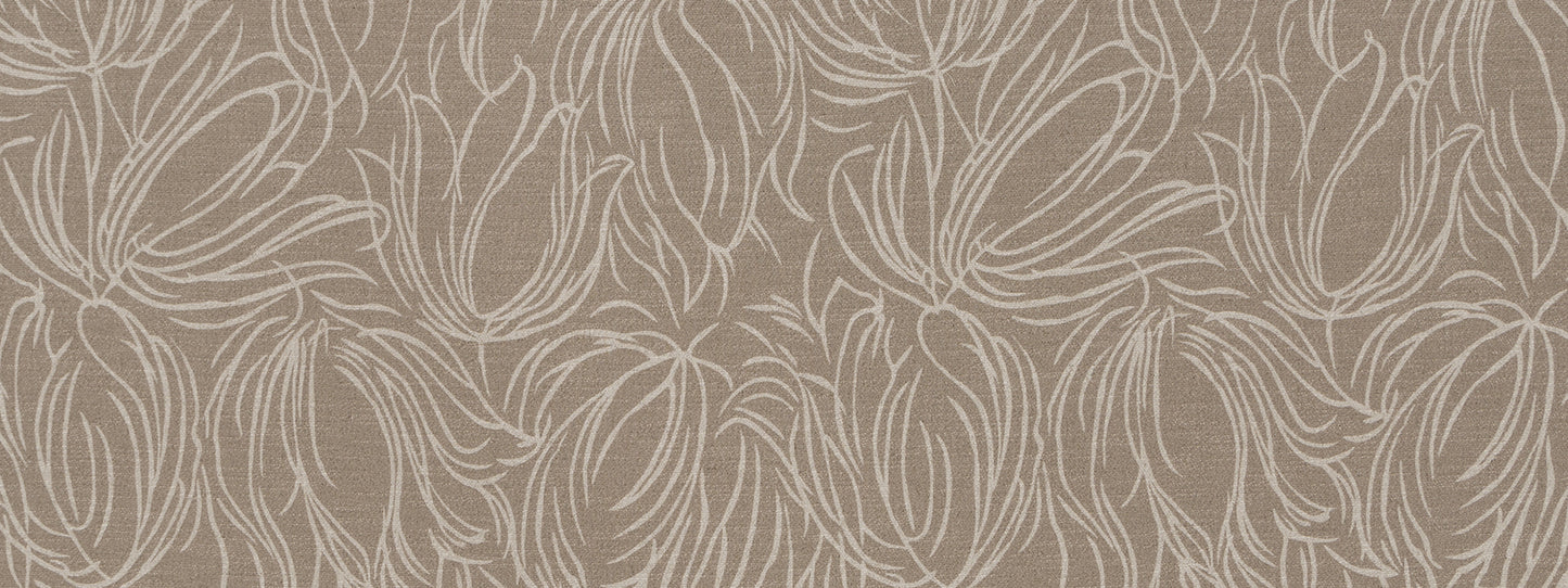 Beige upholstery fabric texture with a white looping abstract vine pattern.