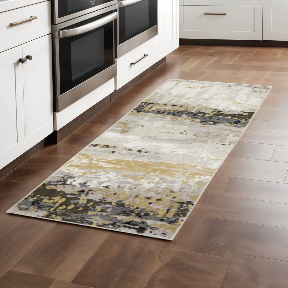 2' X 8' Grey Gold Beige Black And Brown Abstract Power Loom Stain Resistant Runner Rug